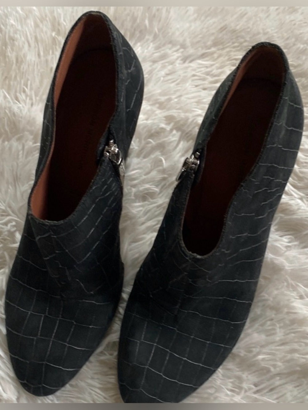 Singerson Morrison black suede plaid ankle heels boots
